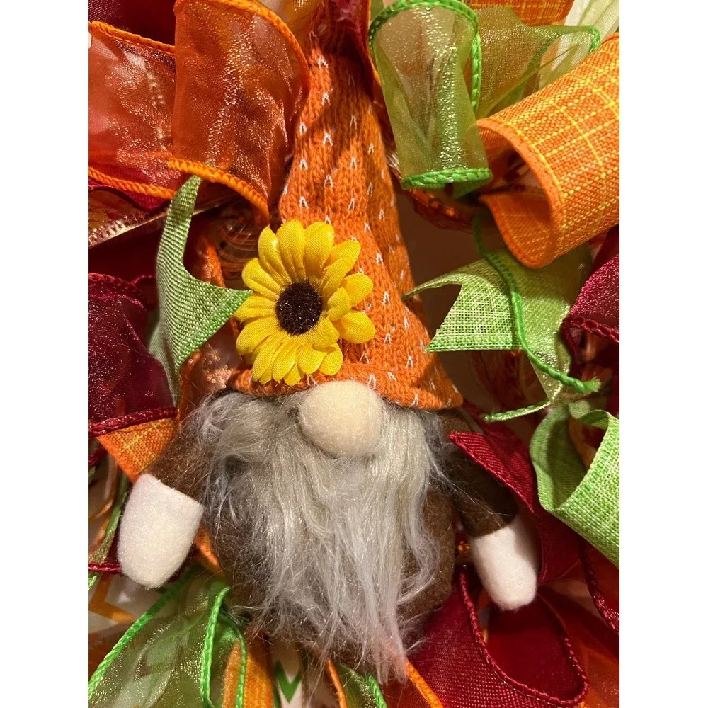 13 inch Ribbon Wreath Fall Autumn Thanksgiving Gnome MW6